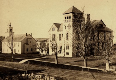 Sepia image of the Damon memorial building circa 1888