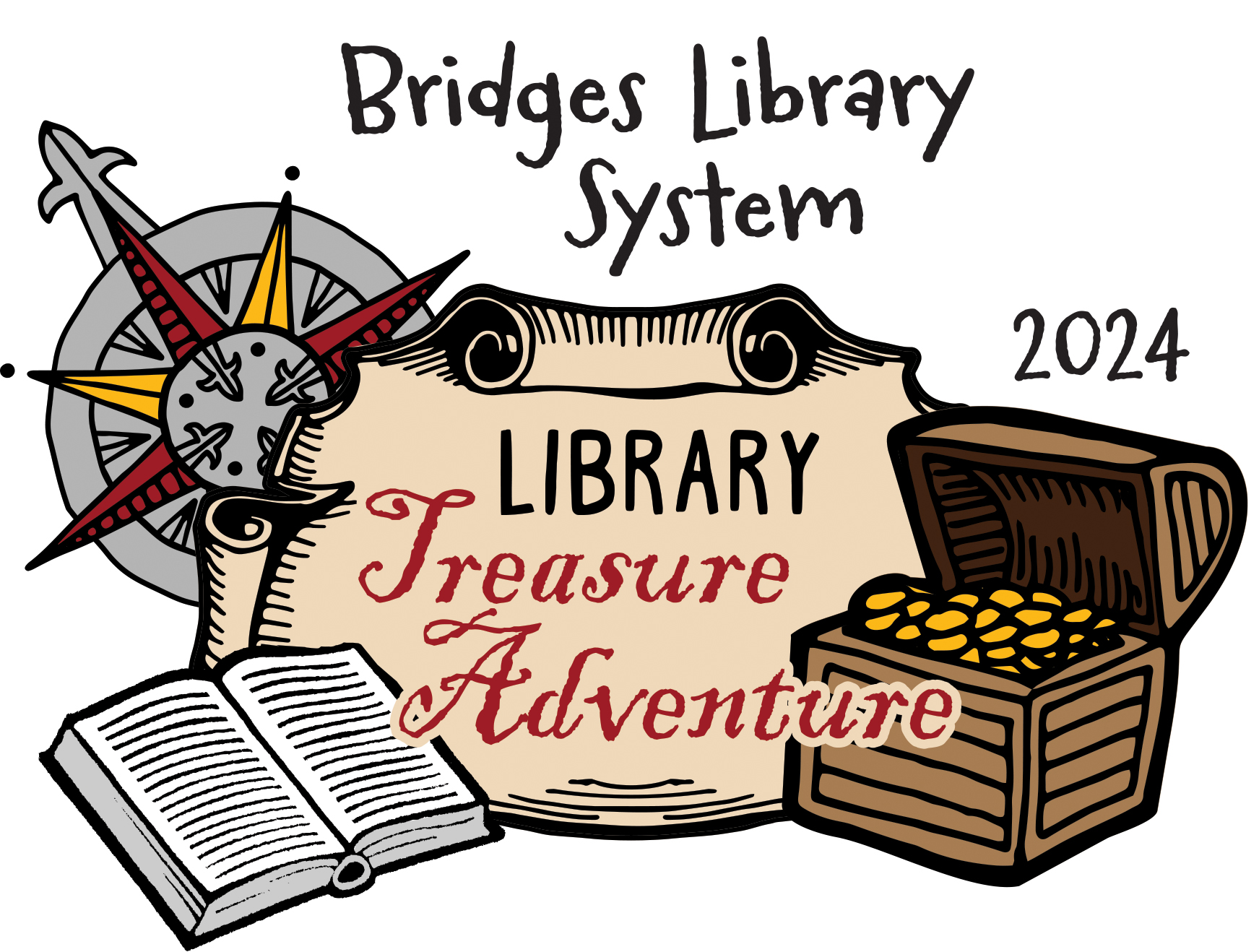 graphic with treasure map, a book, compass, and treasure chest