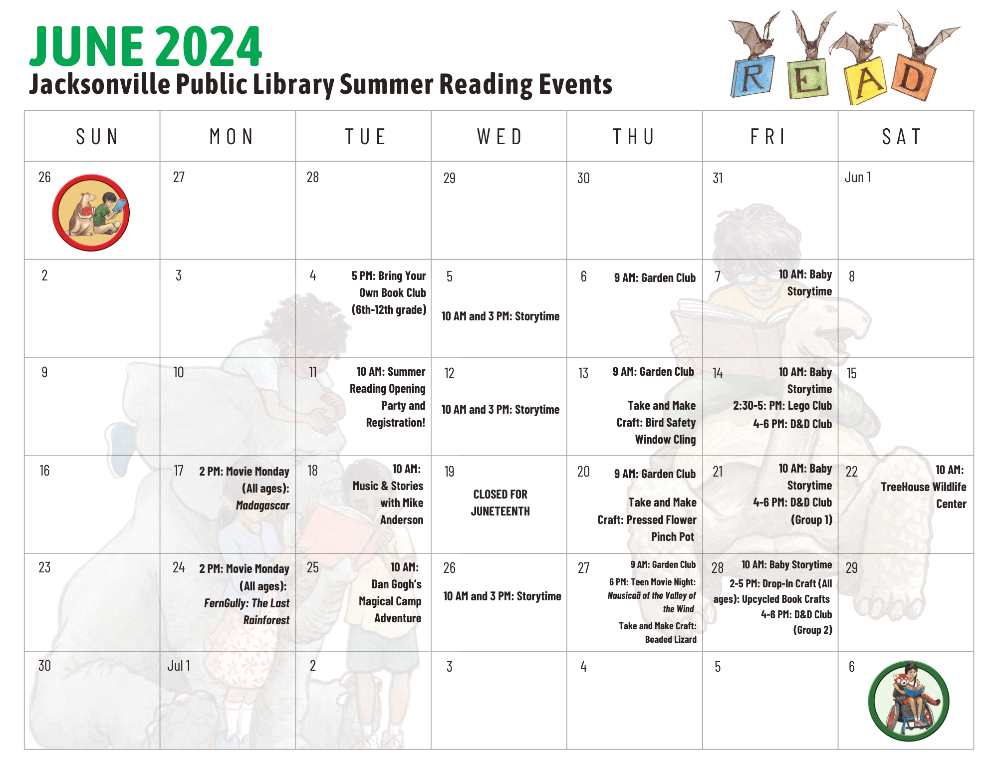 June Youth Summer Reading Calendar