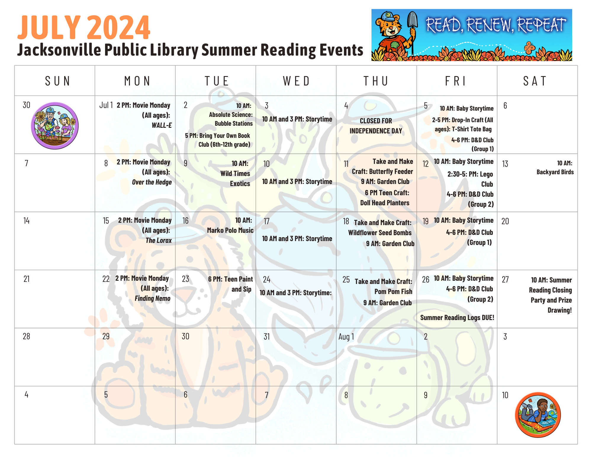 July Youth Summer Reading Calendar