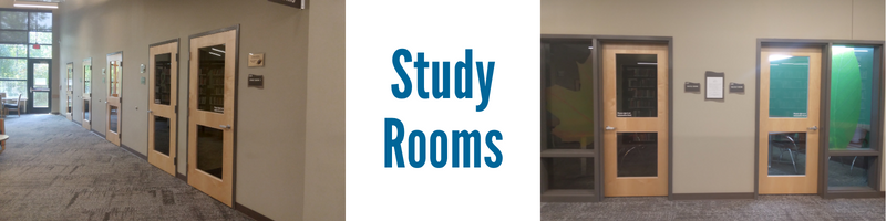 Three panel image with photo of small quiet study rooms on far left, text Study Rooms in center, and image of Maple and Walnut rooms on far right