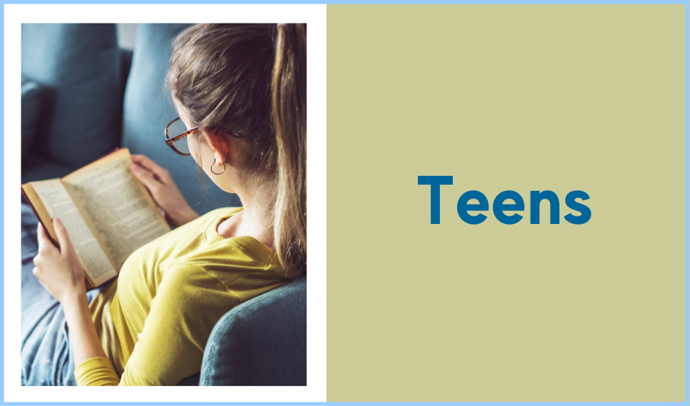 Image of teen with ponytail and glasses reading a book with text Teens