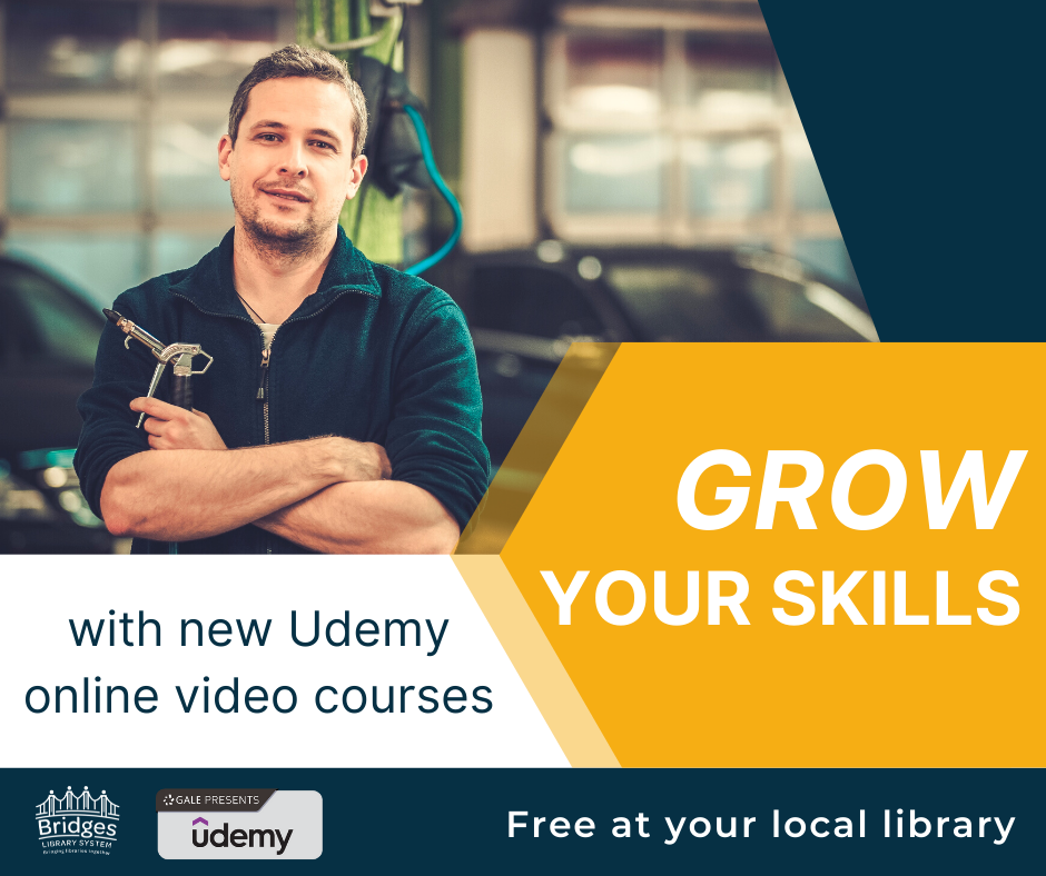 Image of a man with arms crossed. Text reads: Grow Your Skills with new Udemy Online Video courses.