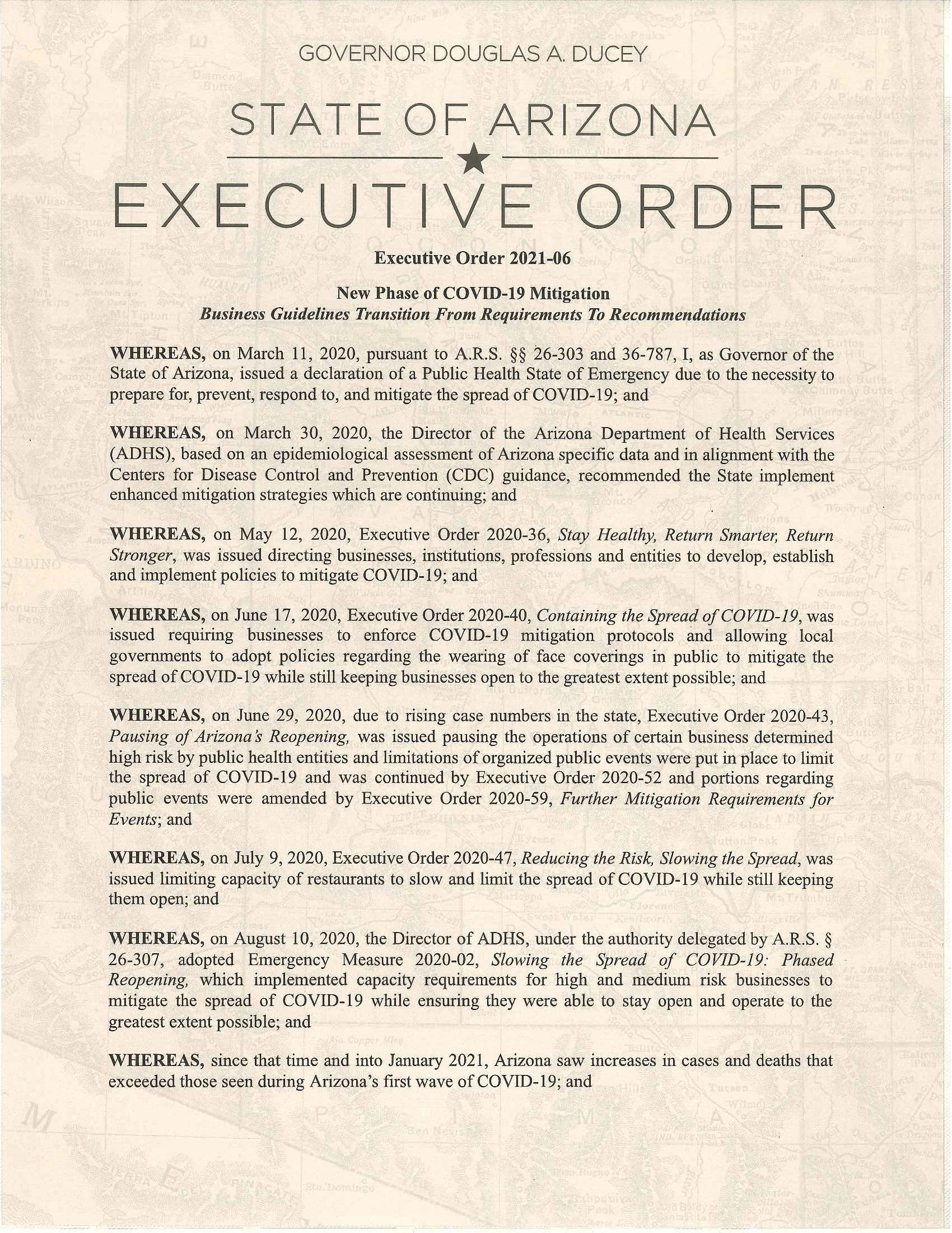 Page 1 of Doug Ducey's Executive Order 2021-06