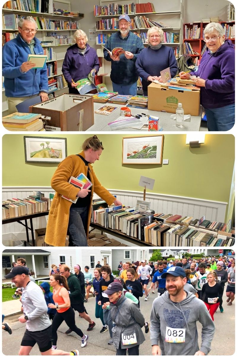 Picture of people sorting books, running a race, and at book sale