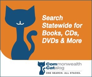orange icon with blue comcat logo text reads seach statewide for books, cds, dvds & more