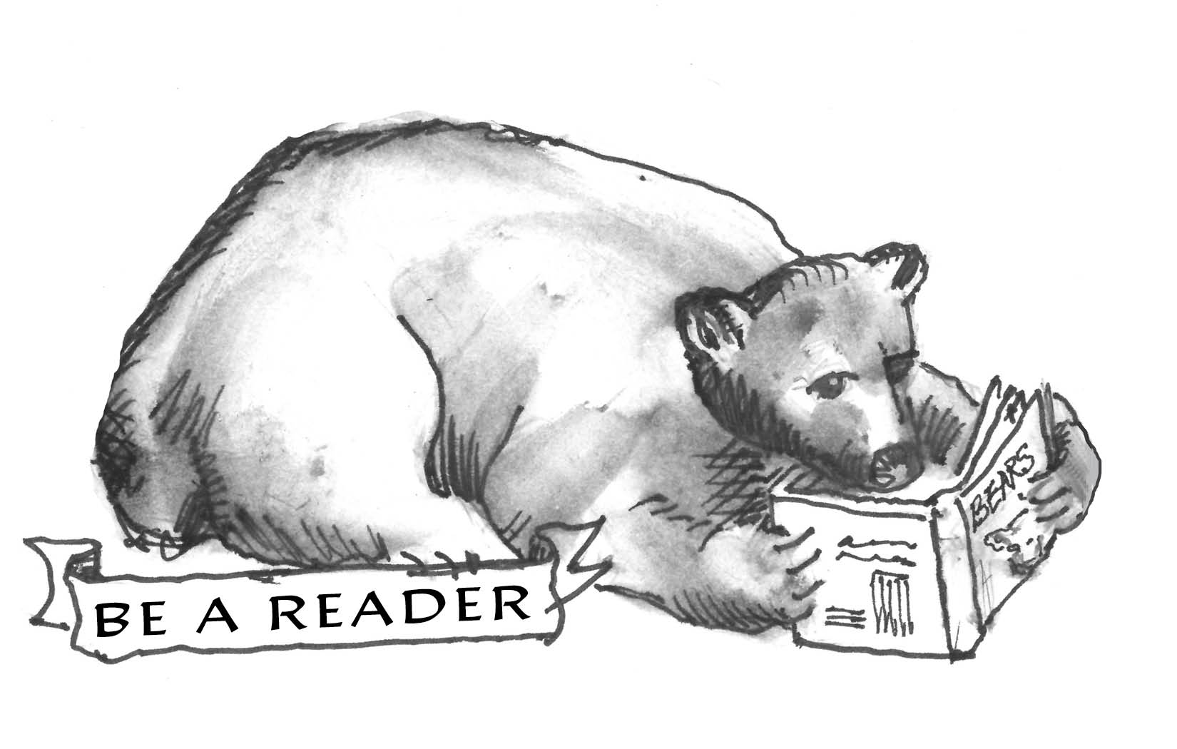 drawing of a bear reading by Peggy Johnson