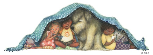 drawing of kids reading under a blanket, the logo for Summer Reading Program 2024