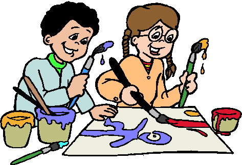 Cartoon picture of two kids doing arts and crafts.