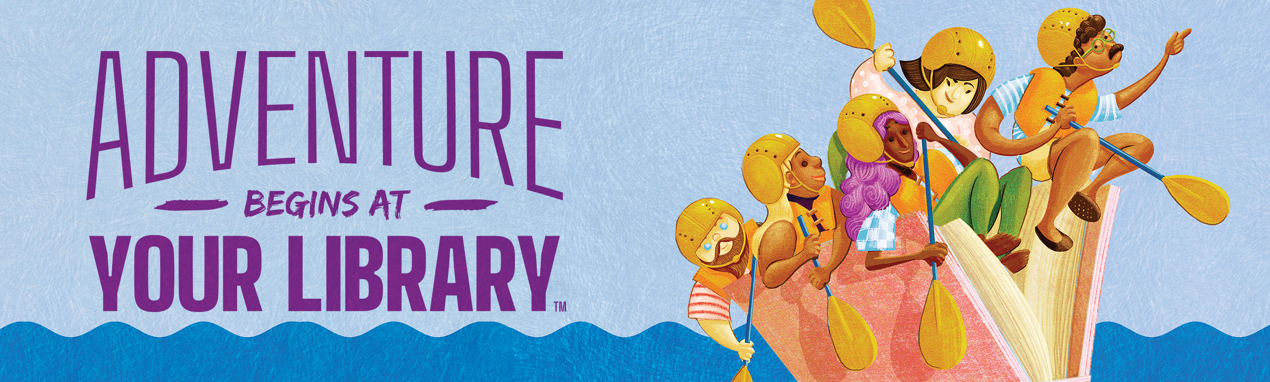 Banner for "Adventure Begins at your Library" showing people floating on a book in water, as if the book were a raft