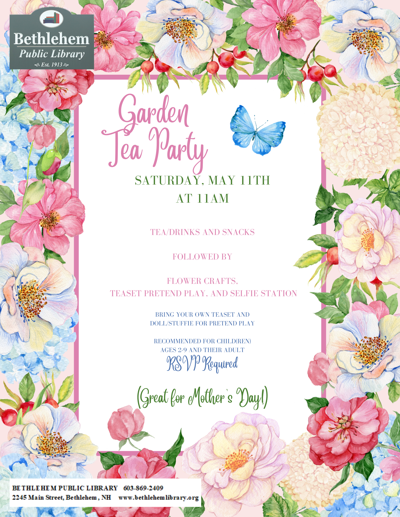 SATURDAY, MAY 11TH AT 11AM TEA/DRINKS AND SNACKS FOLLOWED BY FLOWER CRAFTS, TEASET PRETEND PLAY, AND SELFIE STATION BRING YOUR OWN TEASET AND DOLL/STUFFIE FOR PRETEND PLAY RECOMMENDED FOR CHILD(REN) AGES 2-9 AND THEIR ADULT Garden Tea Party RSVP Required (Great for Mother's Day!)
