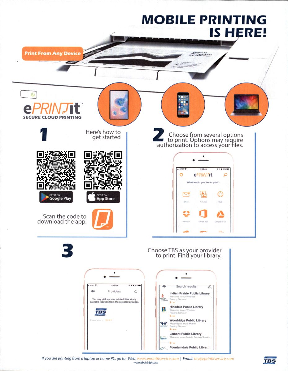 Visual instruction on accessing mobile printing. Includes QR code