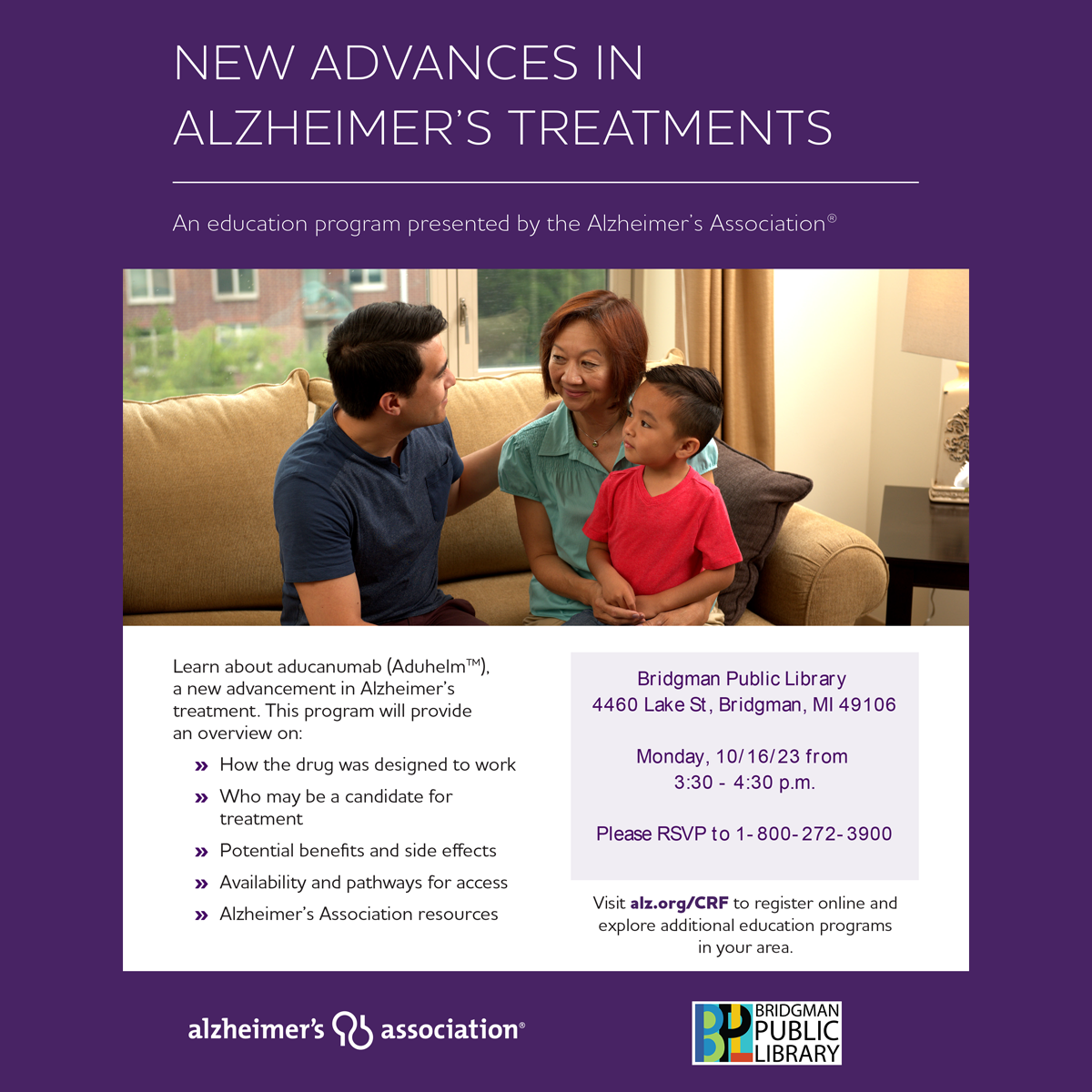 New Advances in Alzheimer's Treatments. October 16th at 3:30pm.