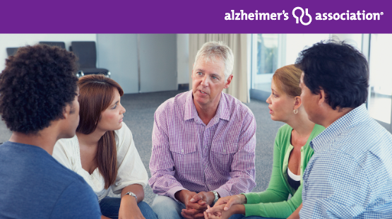 A link to the Alzheimer's Association website and image of a support group.