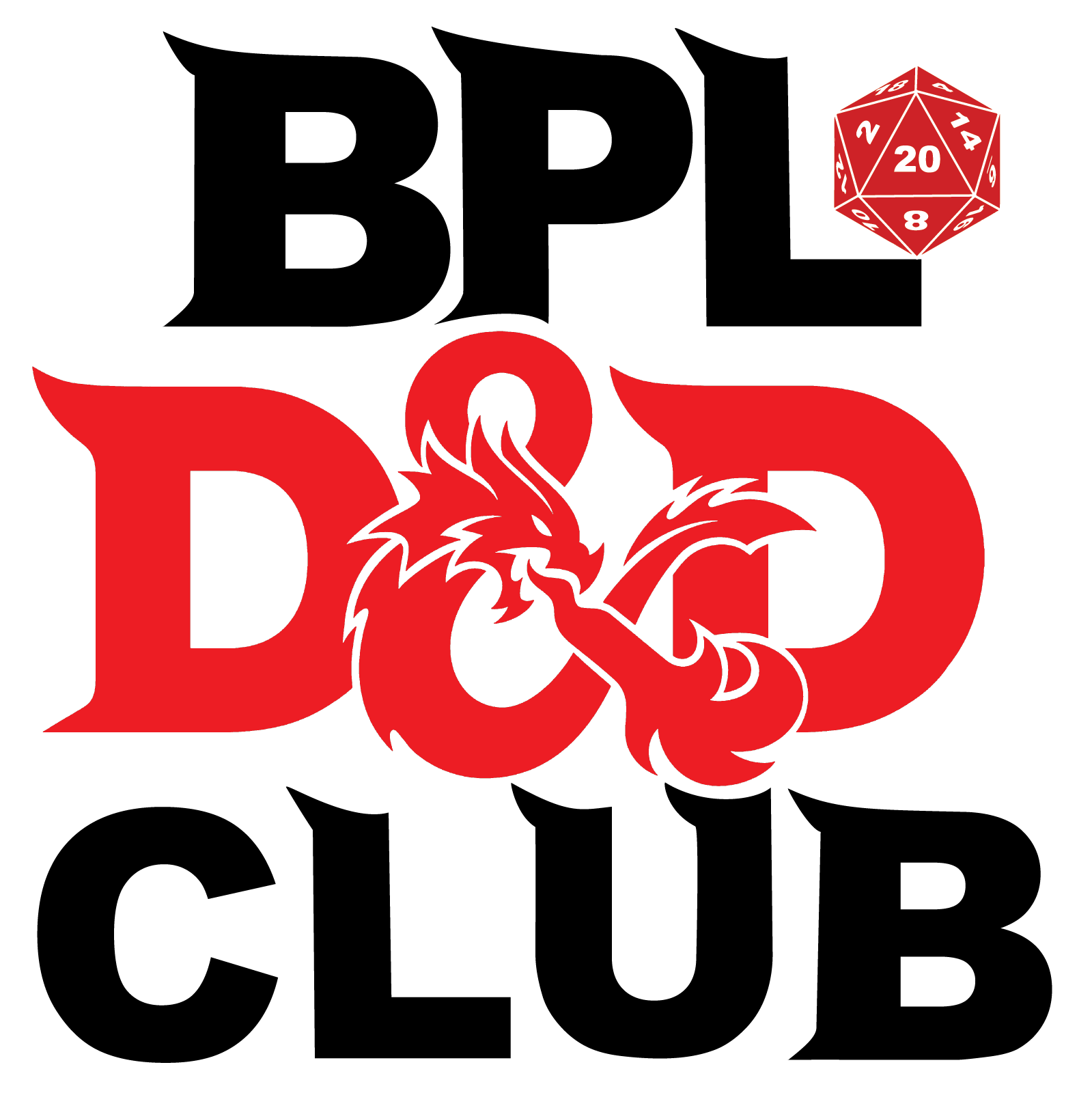 An image of D and D dice with the words, BPL D and D club.