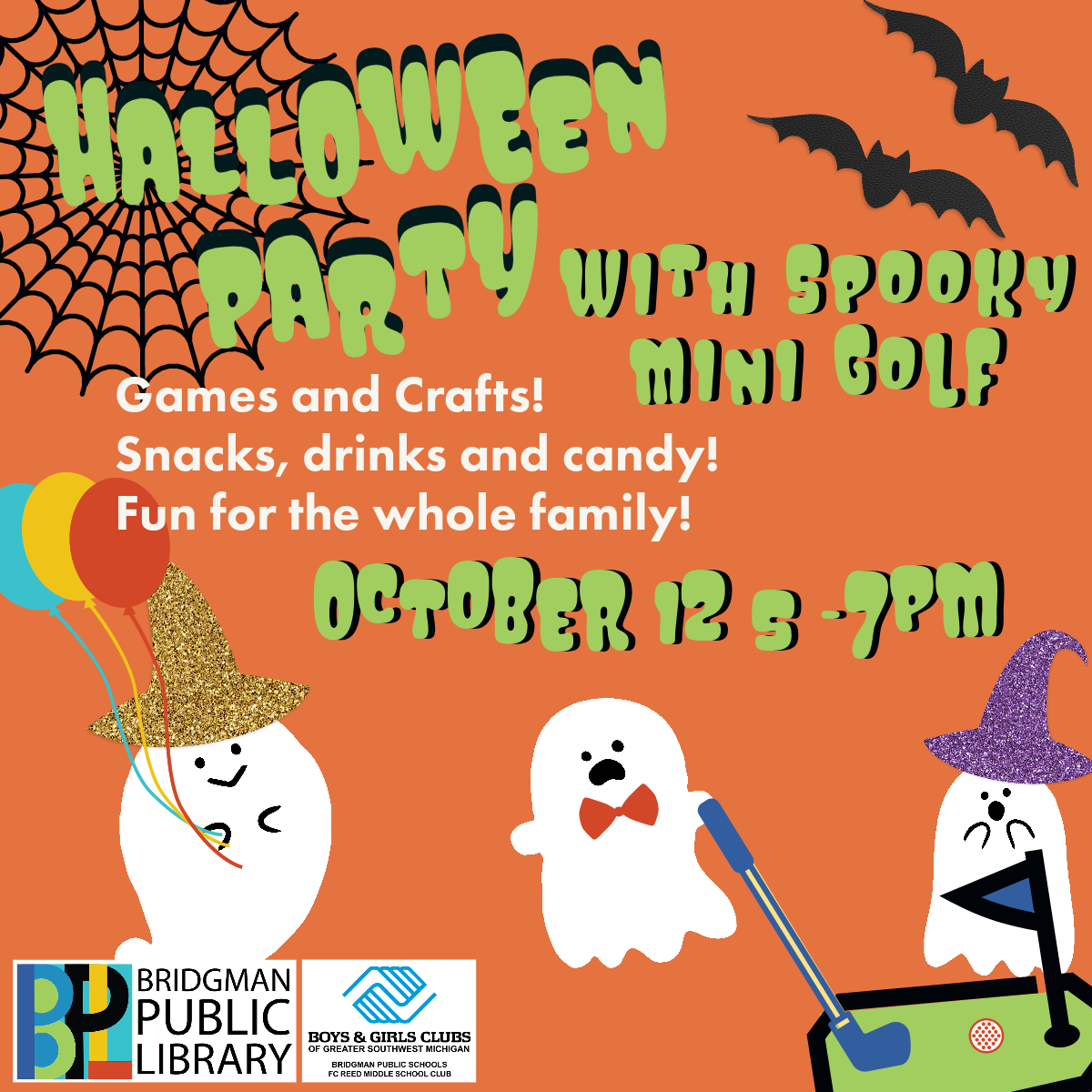 Halloween party is back, now with Spooky Mini Golf. Join us Thursday, October 12 from 5-7pm. Fun for the whole family.