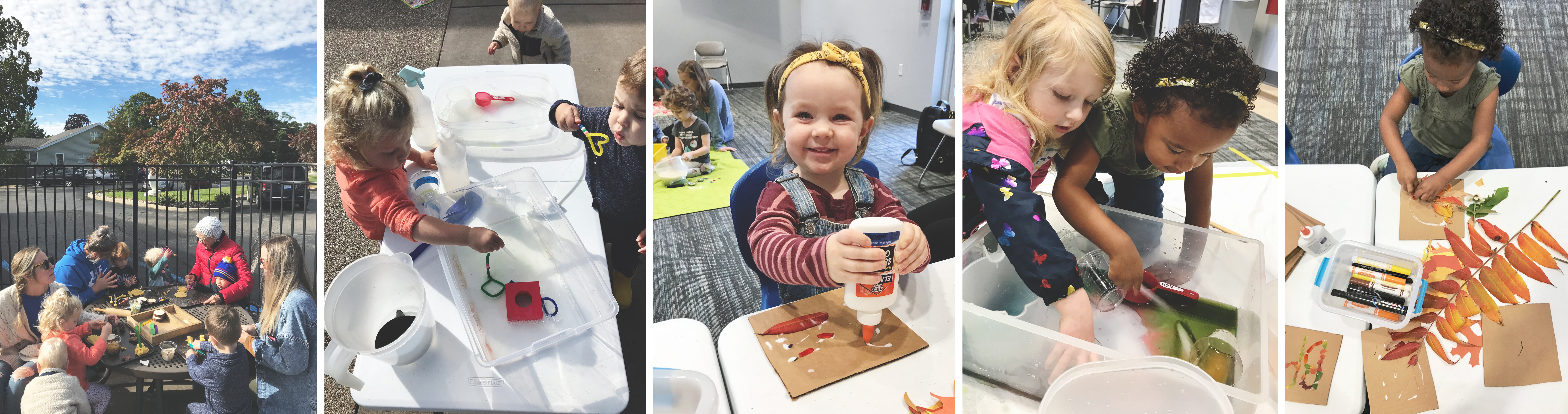 Images of the little explorers in sensory play and STEAM activities.