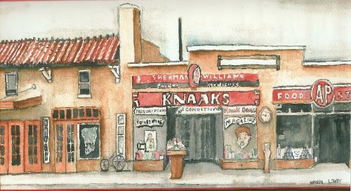 An illustration of old Bridgman, including Knacks store.
