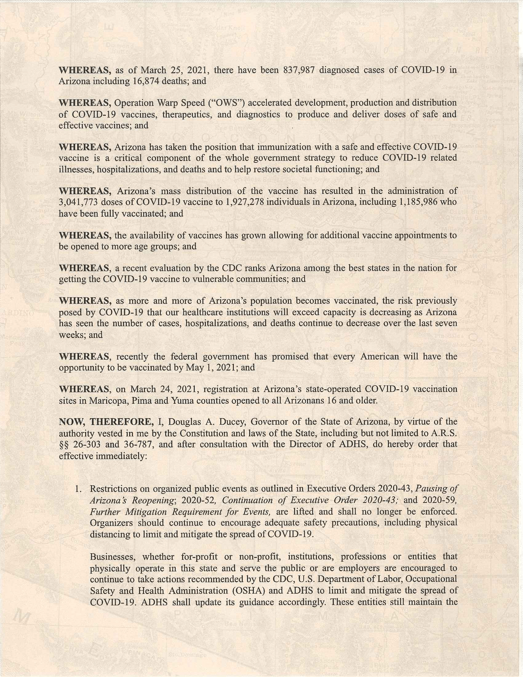 Page 2 of Doug Ducey's Executive Order 2021-06