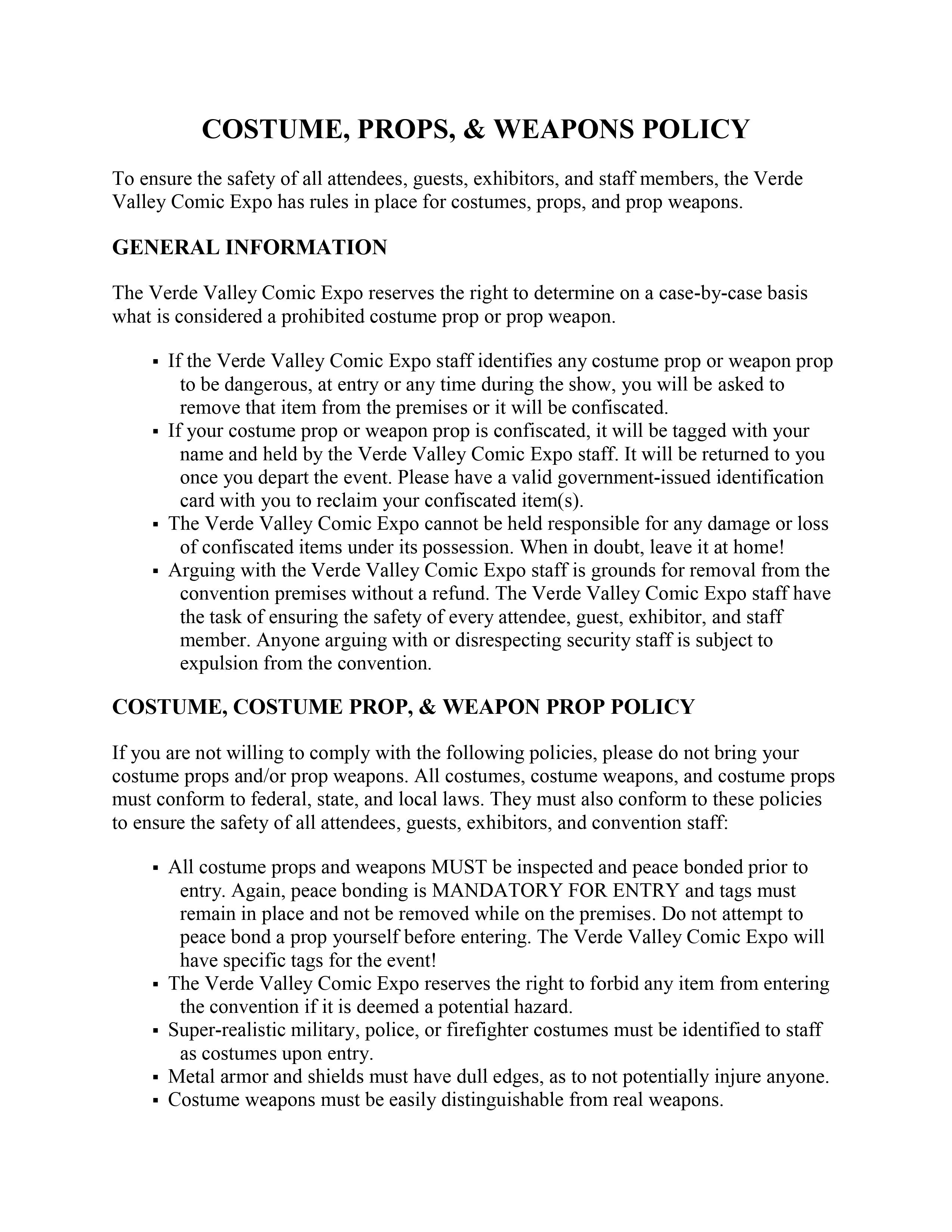 Screenshot of the Verde Valley Comic Expo Costume, Props, and Weapons Policy, page 1.