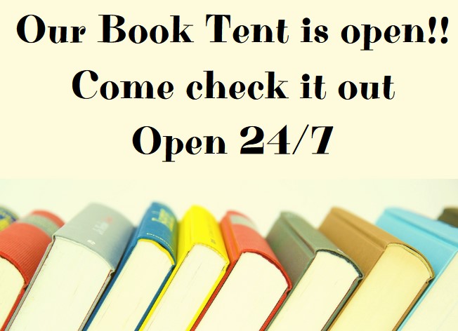 Our book tent is open