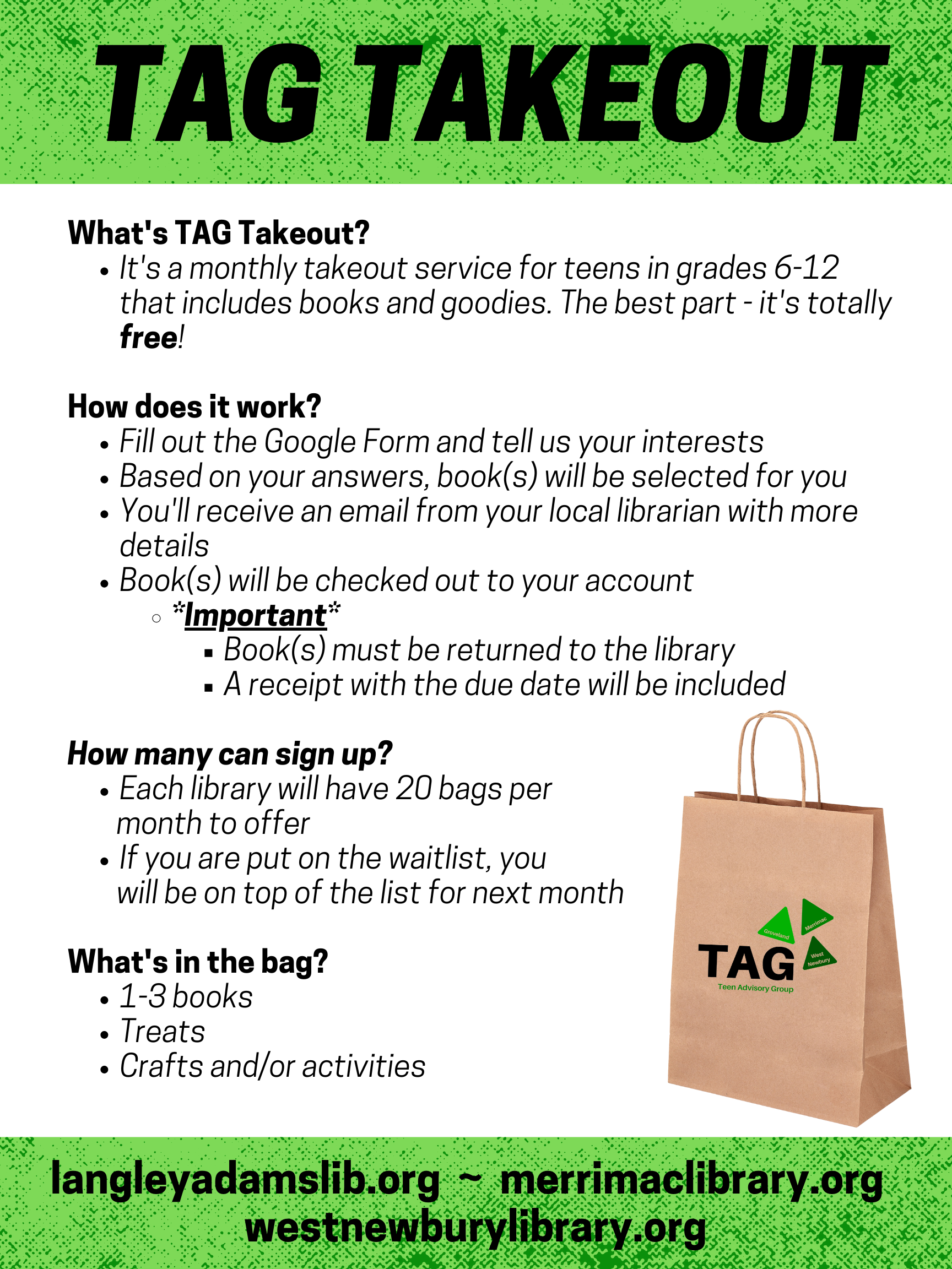 It's a monthly takeout service for teens in grades 7-12 that includes books and goodies. The best part - it's totally free!
