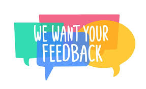 Image with text bubbles and the words "We want your feedback.