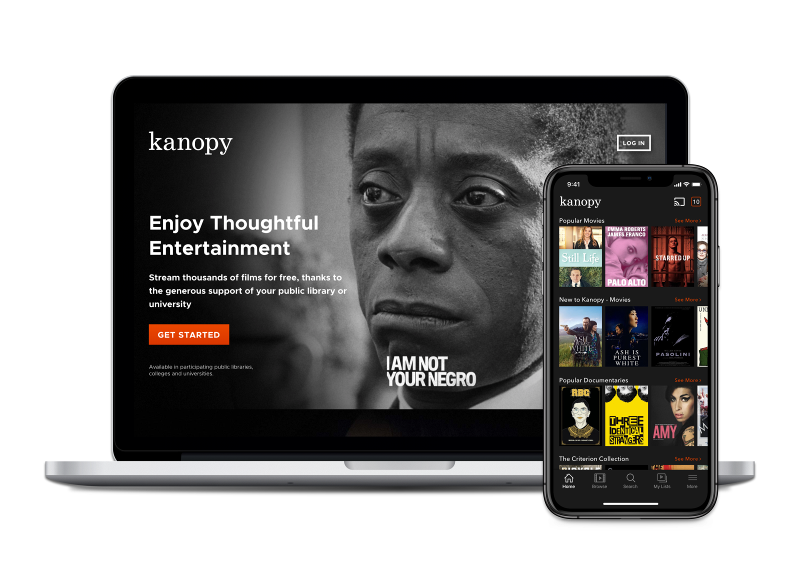 A laptop and a phone displaying the Kanopy homepage