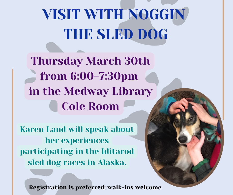 Visit with noggin  the sled dog. Thursday March 30th from 6:00-7:30pm  in the Medway Library Cole Room. Karen Land will speak about her experiences participating in the Iditarod sled dog races in Alaska. Registration is preferred; walk-ins welcome. 