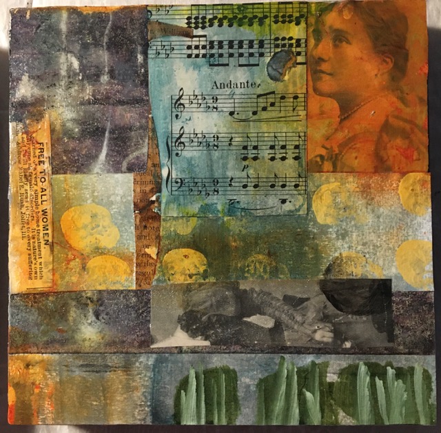 A collage in mostly muted colors, including images, patterns, sheet music labeled Andante, and a scrap of an advertisement reading 'free to all women'