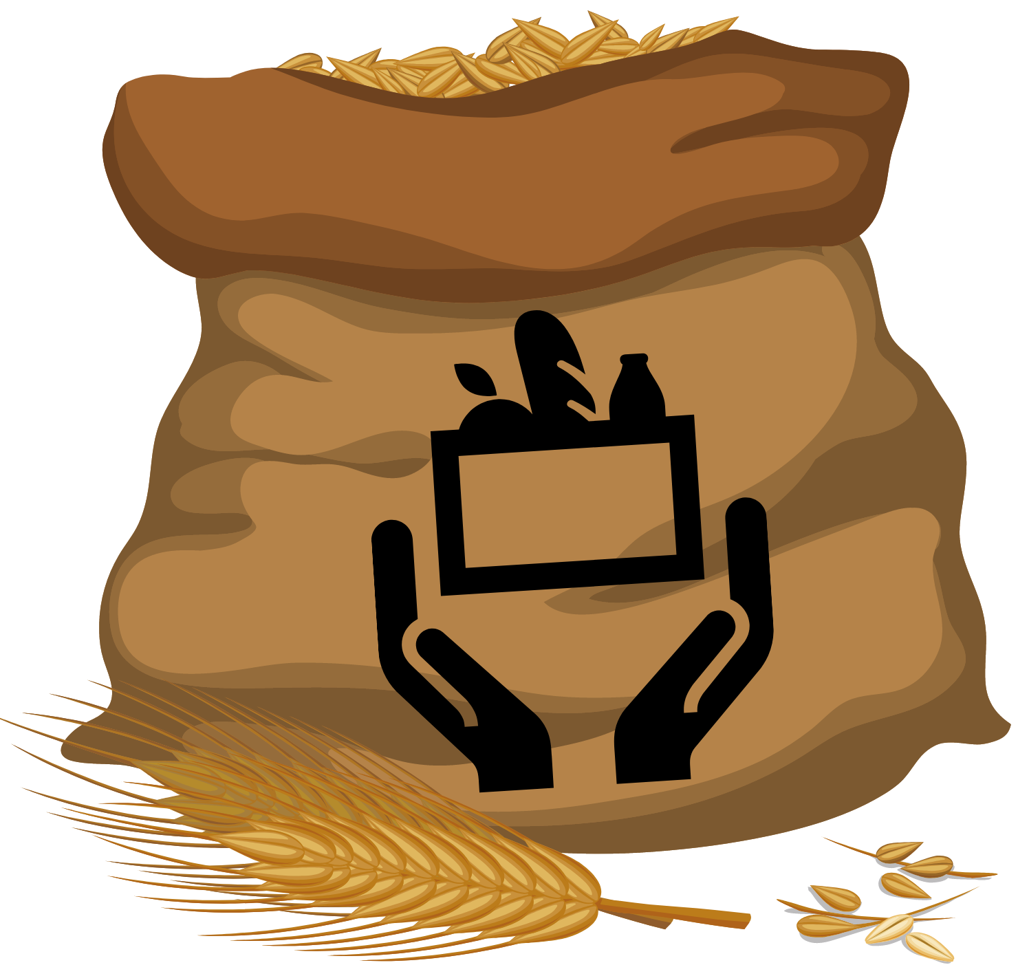 Bag of grain with an image stamped on it of hands offering a box of food 