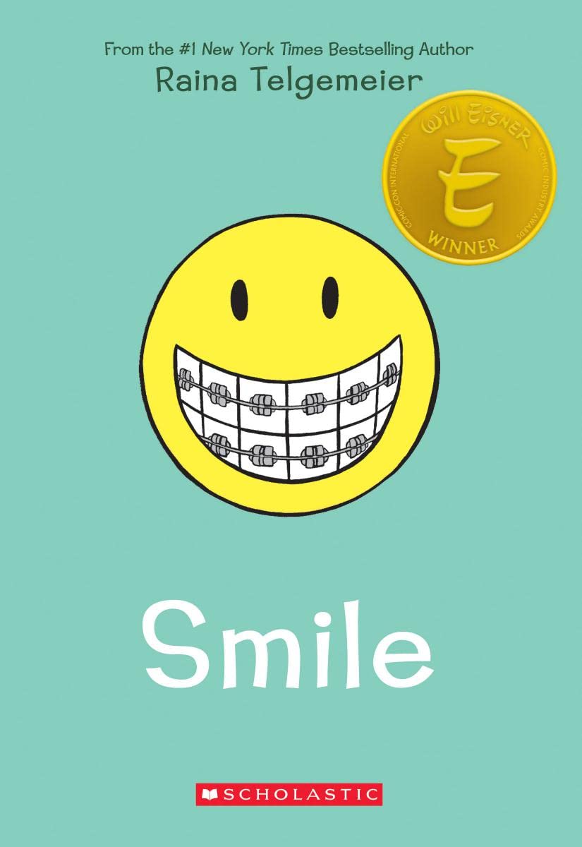 Cover of Smile by Raina Telgemeier, featuring a smiley emoji with braces