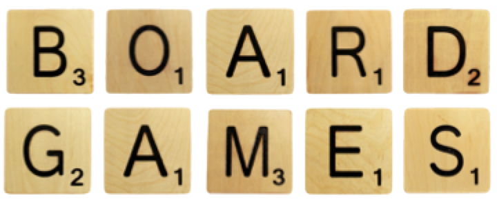 Board Games spelled in Scrabble tiles