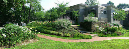 Color photograph of the 2003 Meekins Library addition and gardens from Williams St.