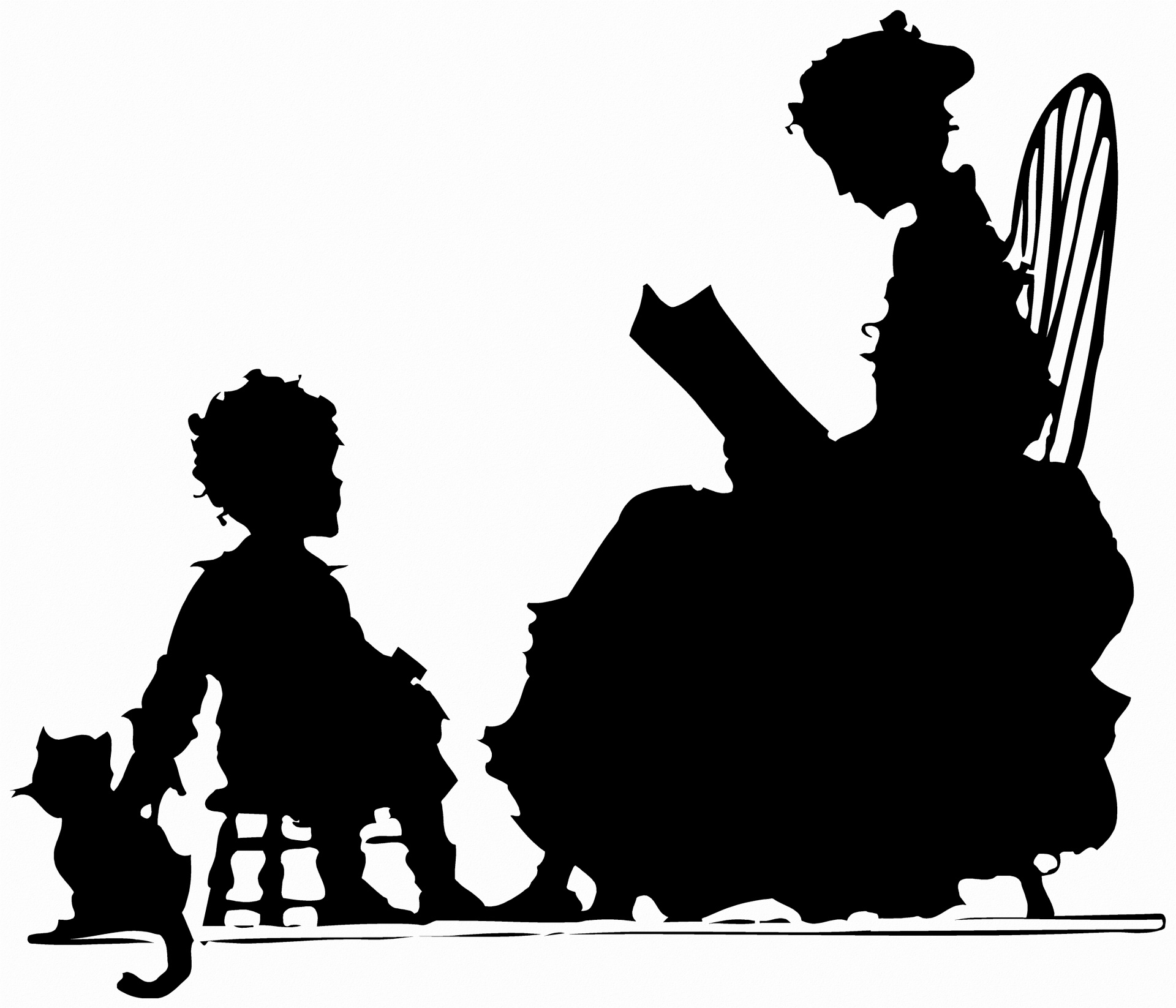 Silhouette of a woman in an old-fashioned dress reading to a child with a cat