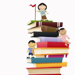 three illustrated children atop a stack of books