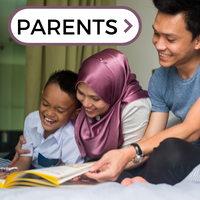 Photo of parents reading to their child, linking to the Parents Resource page.