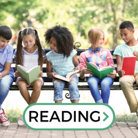 Photo of children reading, linking to the reading resources page.