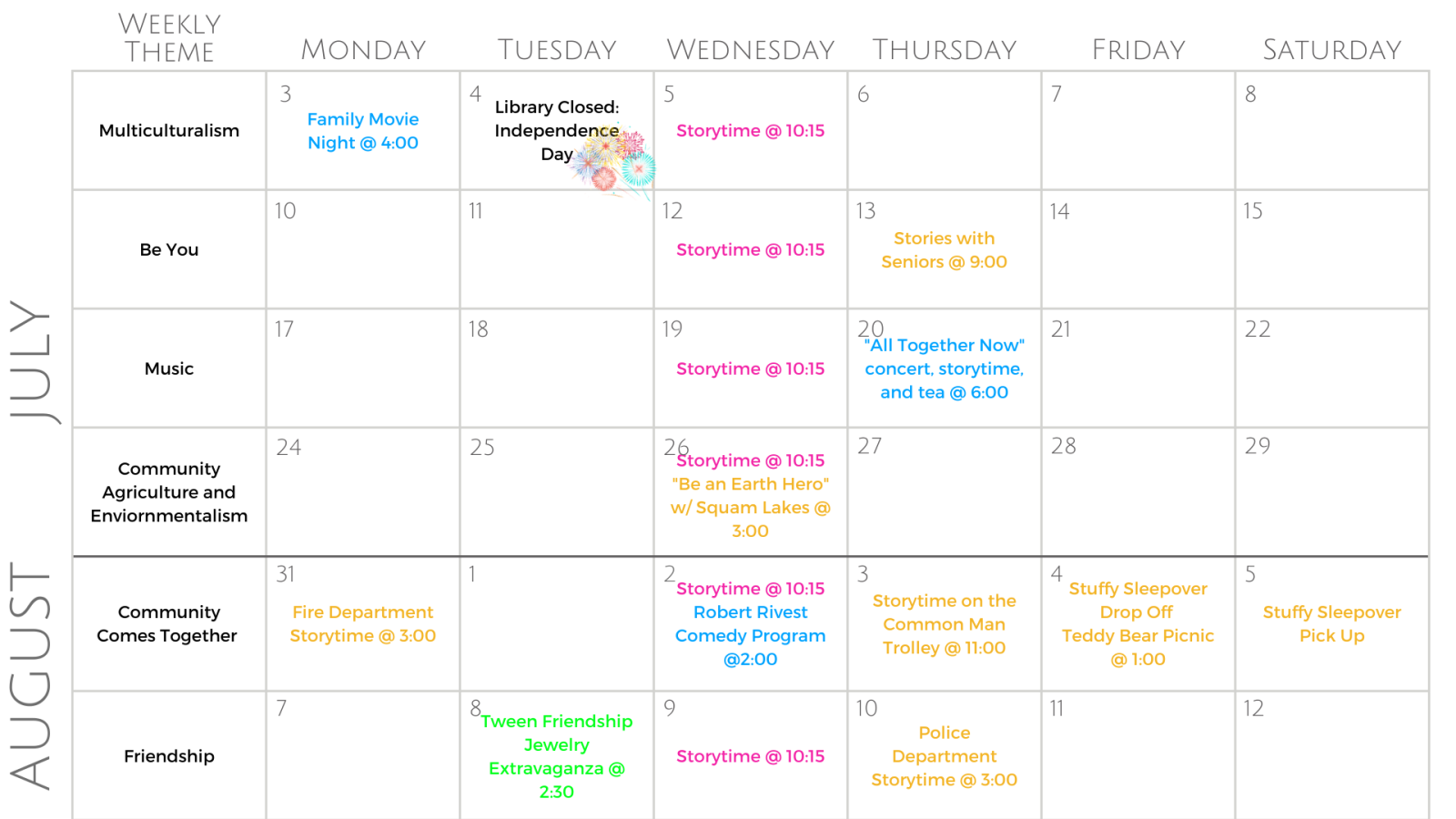 A calendar listing summer events