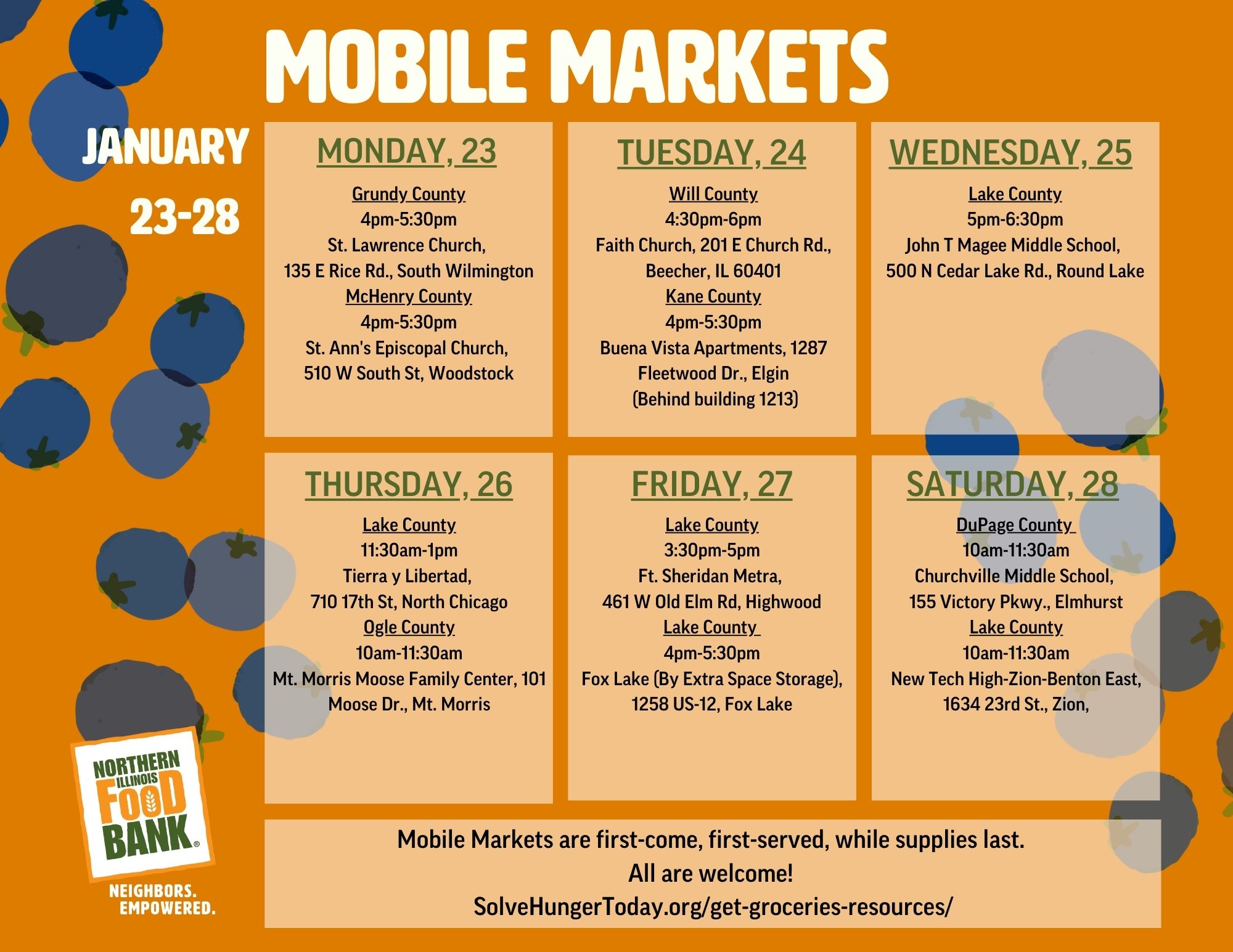 Calendar showing the dates and locations of the Northern Illinois Food Bank Mobile Markets