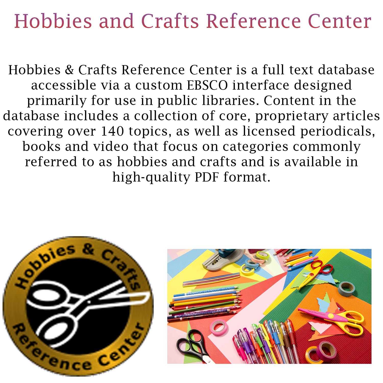 Small image with a synopsis of Ebsco Hobbies and Crafts database  with clickable link