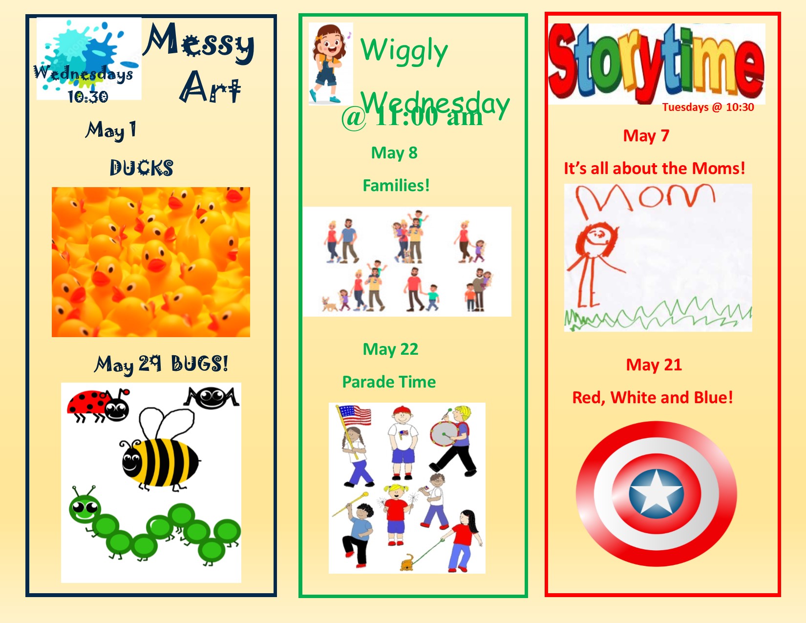 ​​​​​​Poster with details of our Messy Art and Children's storytime programs for May