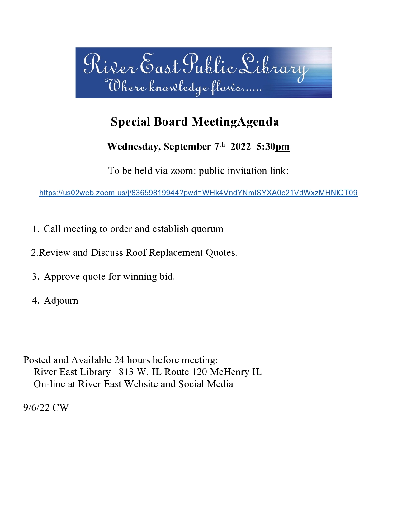 Poster with details of the special Board Meeting for a new roof, dated September 6 2022