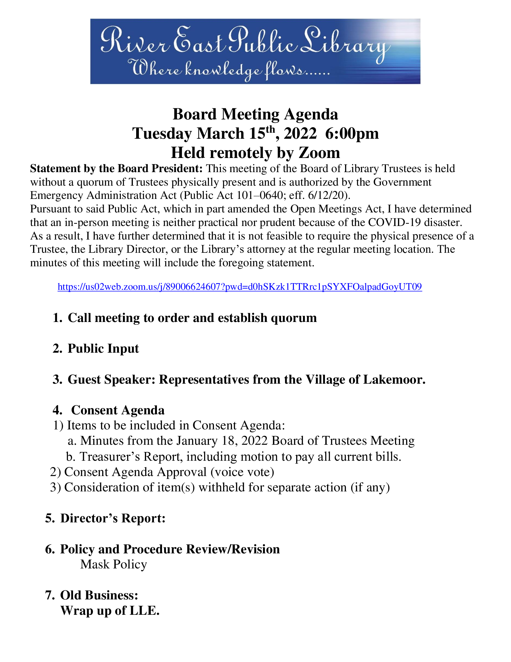 Agenda and Minutes of the most recent River East Public Library Board Meeting
