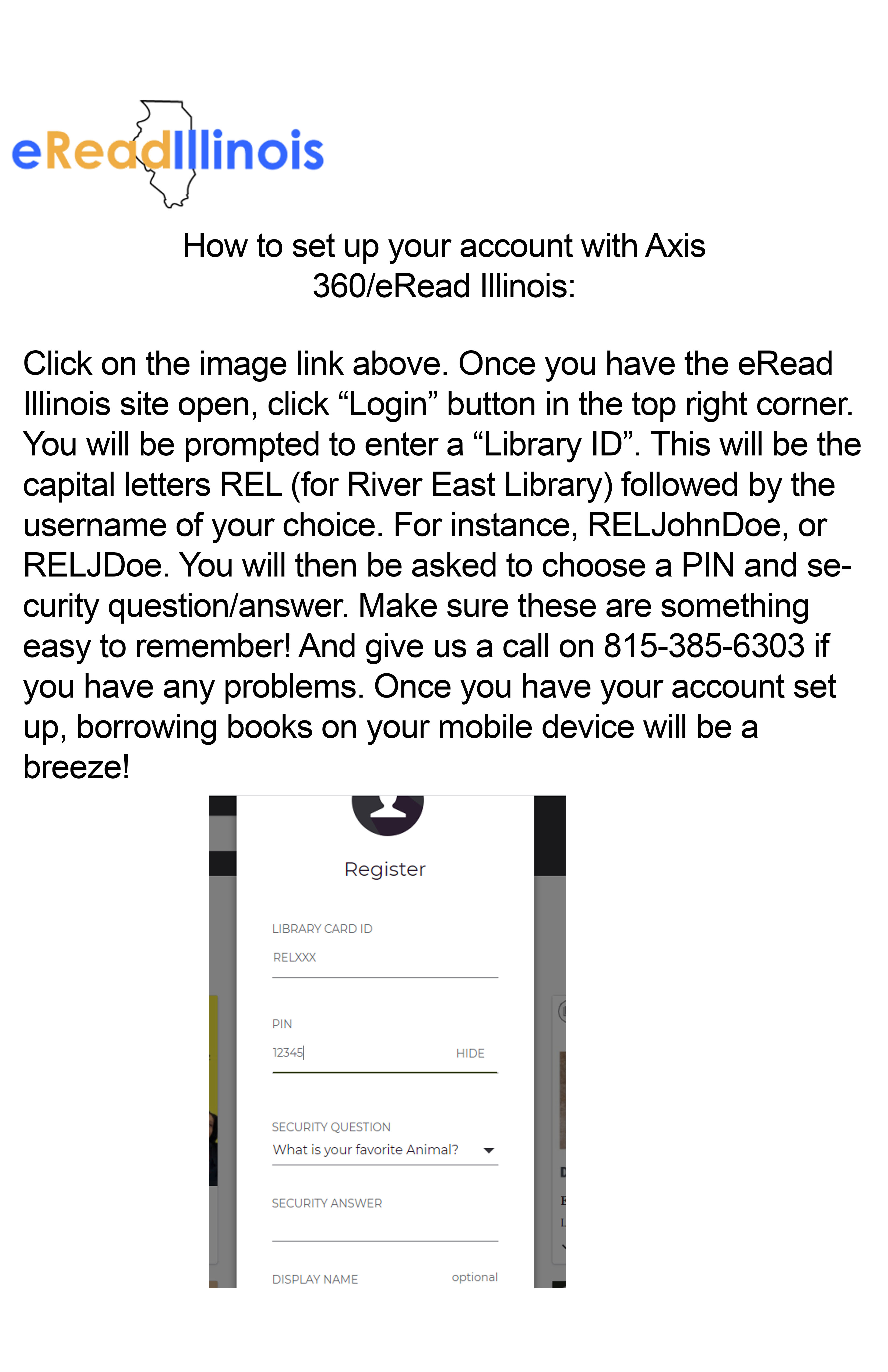 Image detailing how to login to Axis360/eRead Illinois