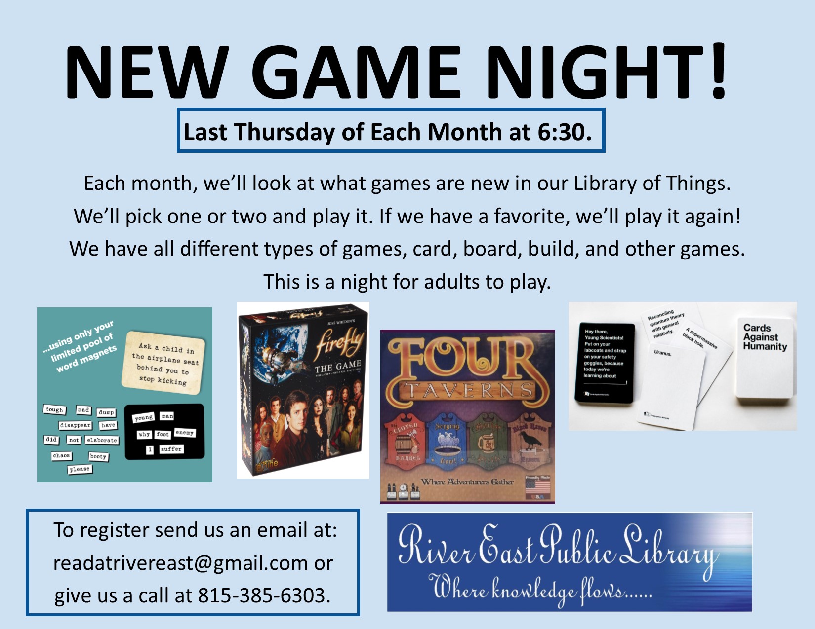 Poster advertising our upcoming new game night