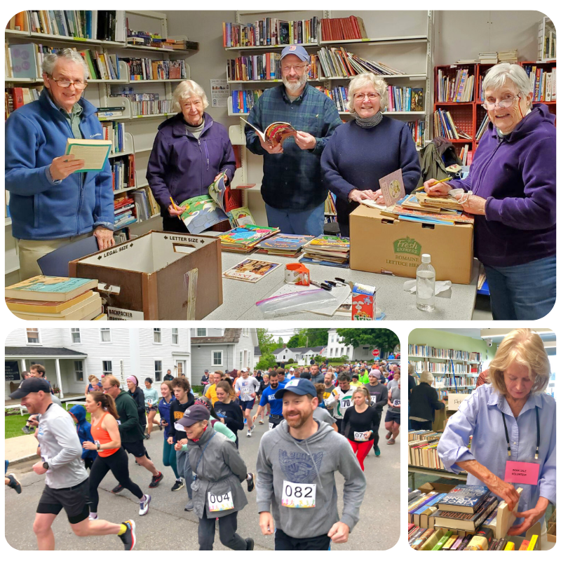 Picture of people sorting books, running a race, and la book sale