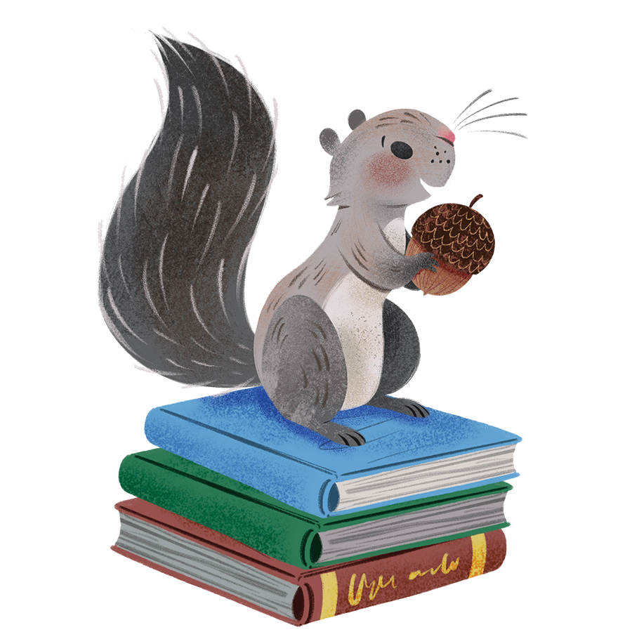 Illustration of squirrel sitting on stack of books