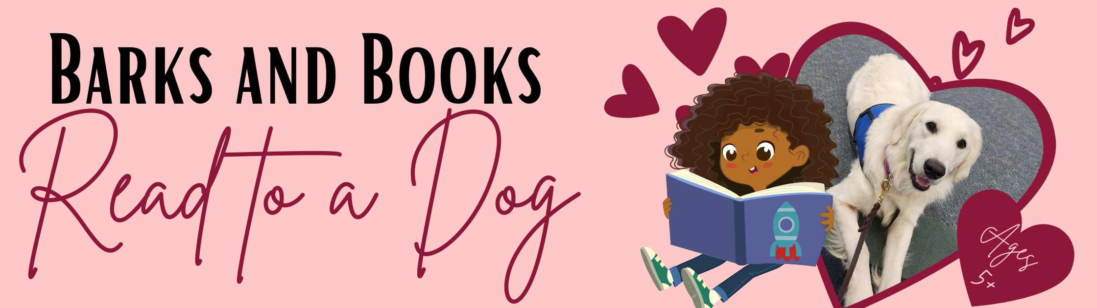image of girl with curly brown hair and brown skin reading a book next to her is a heart shaped photo of a golden retriever 