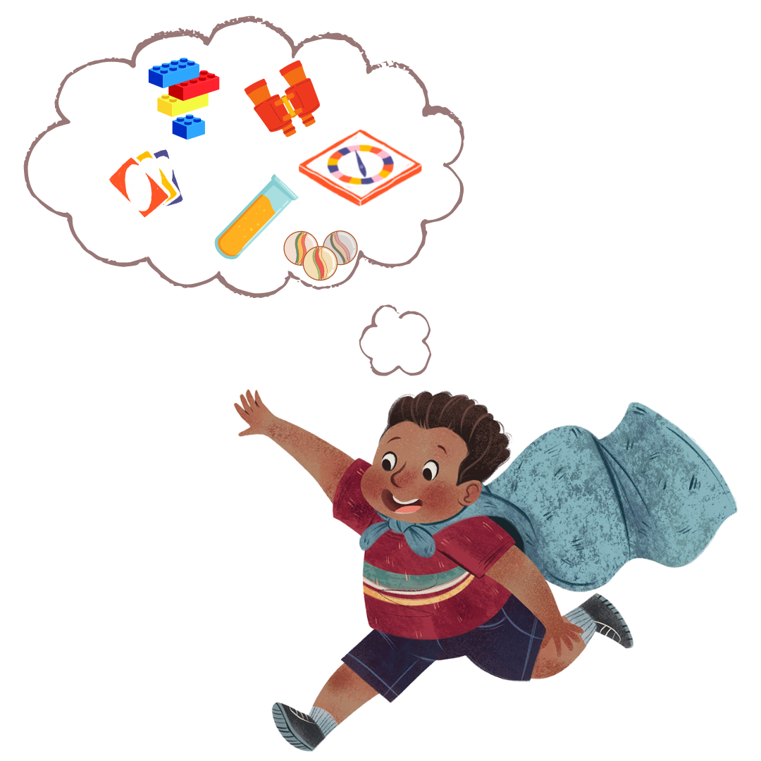 running boy wearing cape with thought bubble containing card game, board game spinner, binoculars, and test tube containing liquid